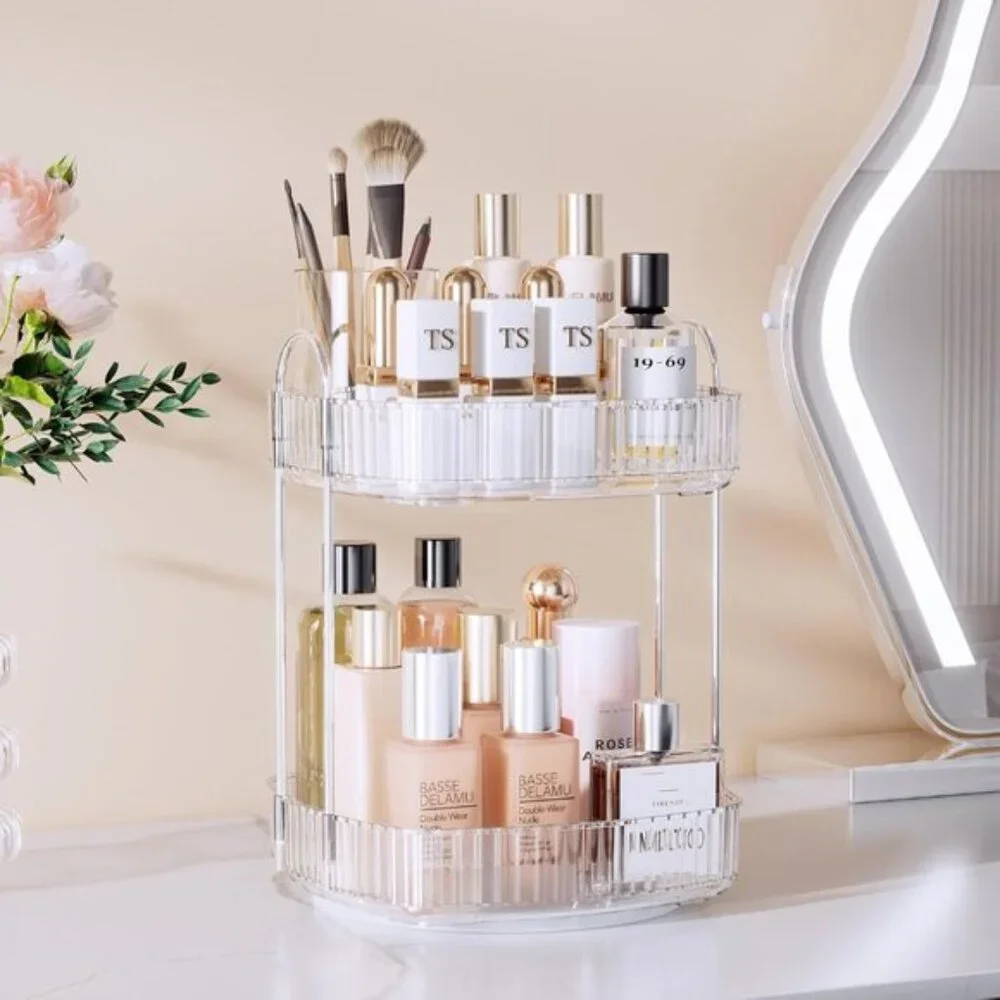 New Rotating 2-Tier Bathroom Organizer, Clear Large Capacity Vanity Storage Rack